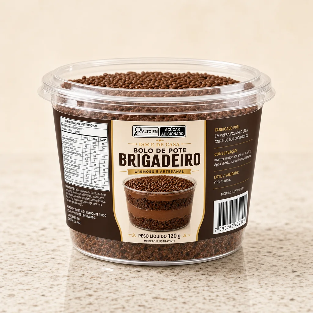 Mockup ilustrativo do bolo de pote brigadeiro de 120 gramas embalado e pronto para venda