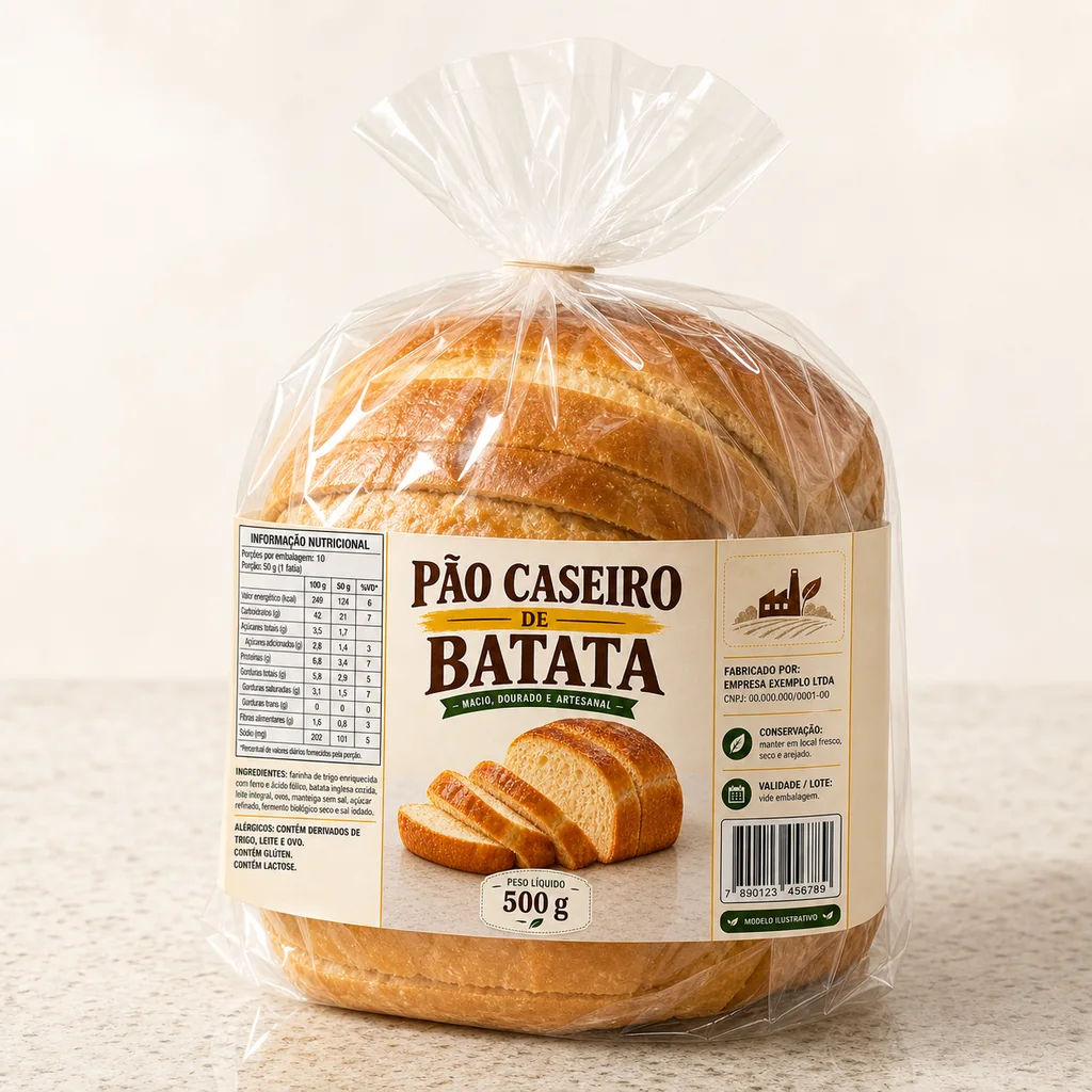 Mockup ilustrativo do pão caseiro de batata embalado e pronto para venda