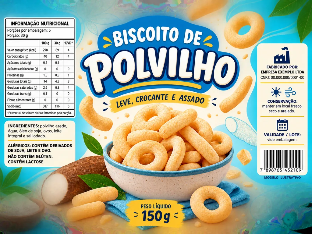 Exemplo ilustrativo de rótulo completo para biscoito de polvilho