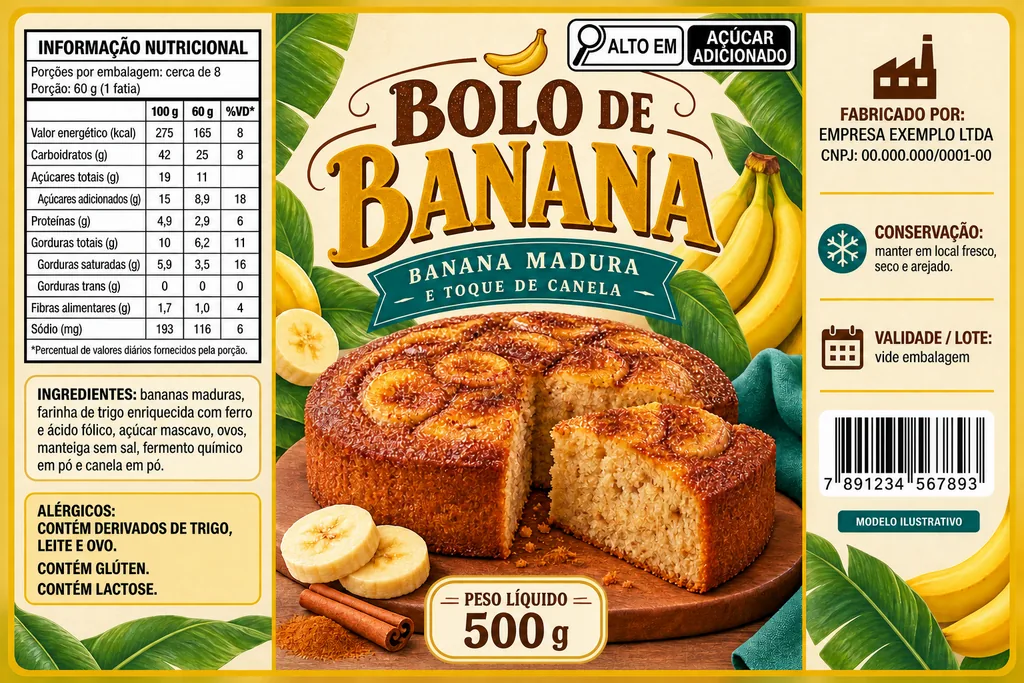 Exemplo ilustrativo de rótulo completo para bolo de banana
