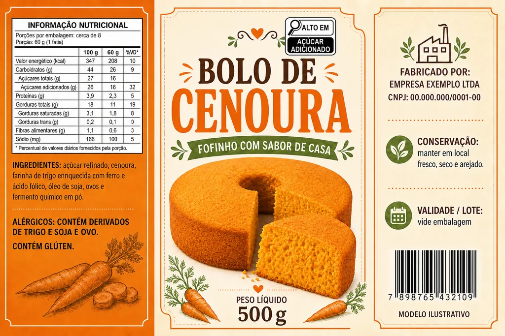 Exemplo ilustrativo de rótulo completo para bolo de cenoura