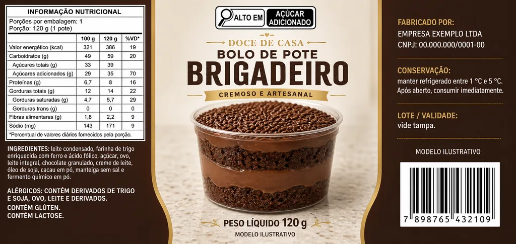 Exemplo ilustrativo de rótulo completo para bolo de pote brigadeiro de 120 gramas