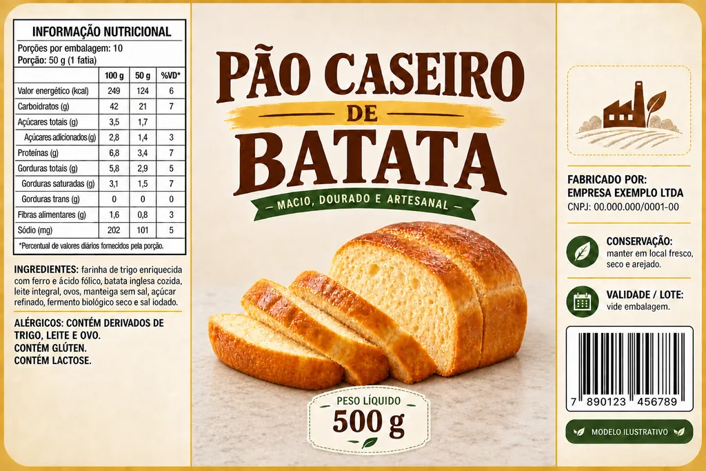 Exemplo ilustrativo de rótulo completo para pão caseiro de batata