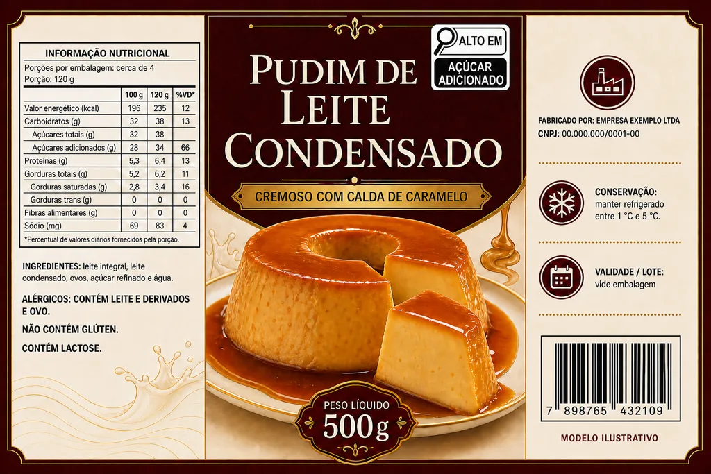 Exemplo ilustrativo de rótulo completo para pudim de leite condensado