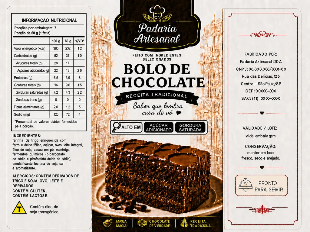 Arte completa do rótulo Padaria Artesanal: tabela nutricional, bolo de chocolate, aviso de soja transgênica e conservação