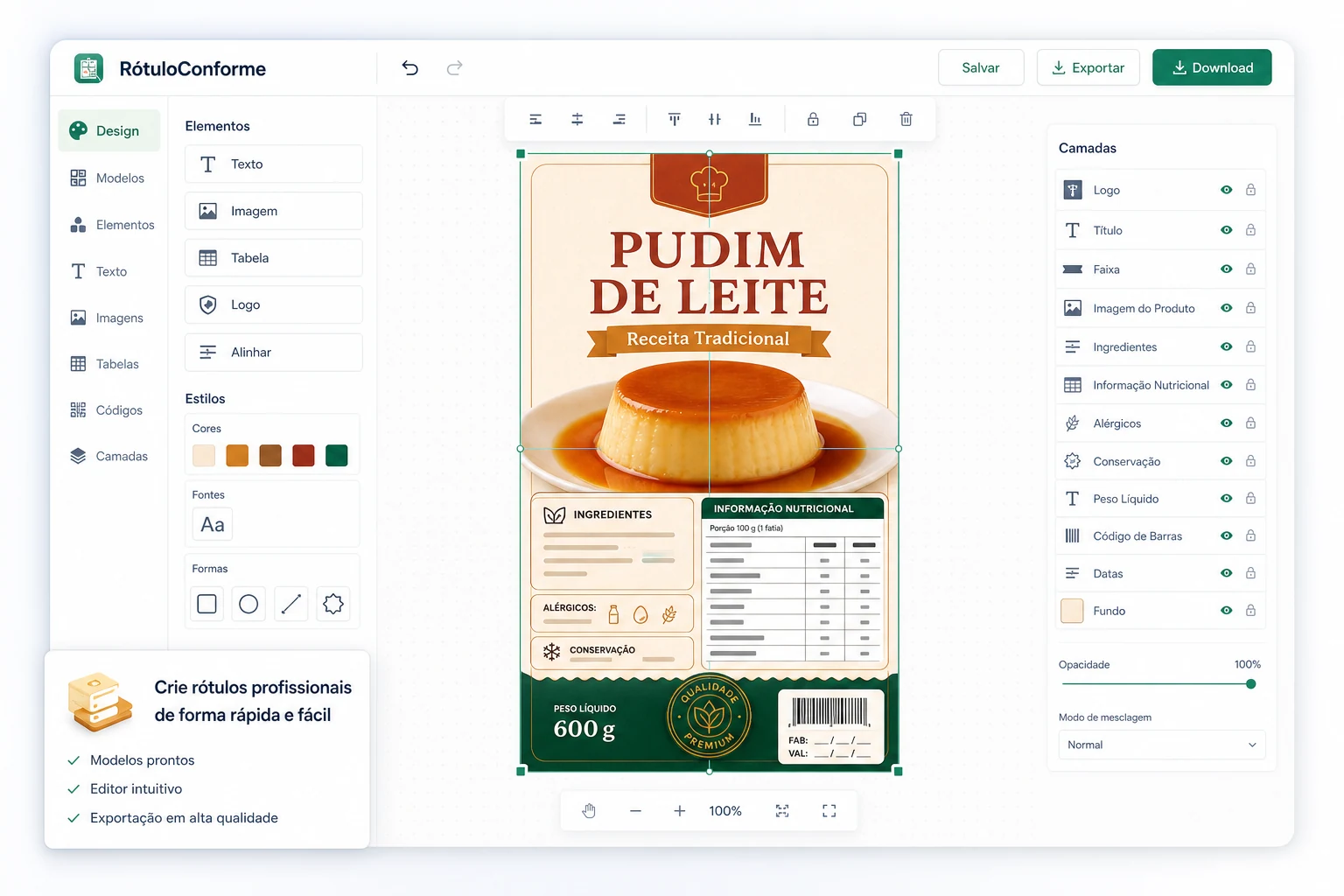 Editor de design de rótulos para alimentos com modelo de rótulo nutricional, camadas, ferramentas de edição, tabela nutricional e exportação para gráfica
